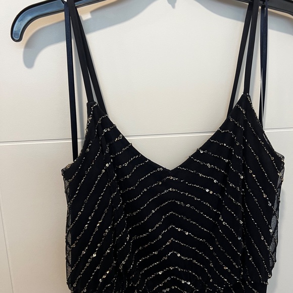 Adrianna Papell Art Deco Beaded Blouson Navy Full Length Formal Gown - Picture 10 of 14